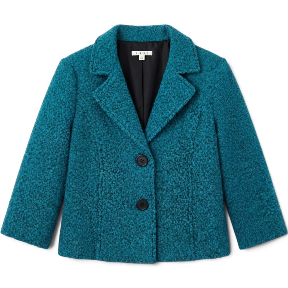 Cabi Jacket Womens 8 Wool Blend 186 Teal Blue 3/4 Sleeve Boucle EUC